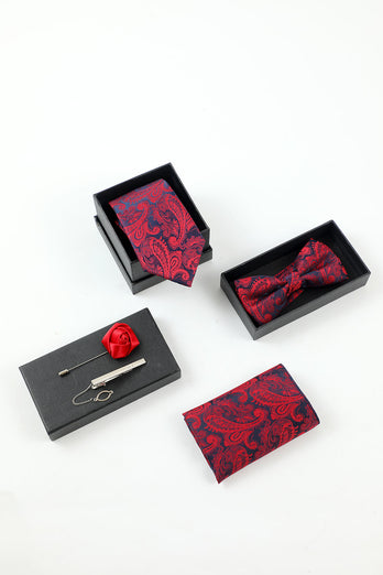 Burgund jacquard menns 5-delt tilbehør sett slips og sløyfe lomme firkantet blomst jakkepinne slips klipp