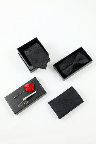svart jacquard menns 5-delt tilbehør sett slips og sløyfe lomme firkantet blomst jakkepinne slips klipp