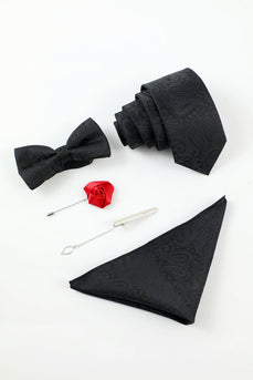 svart jacquard menns 5-delt tilbehør sett slips og sløyfe lomme firkantet blomst jakkepinne slips klipp