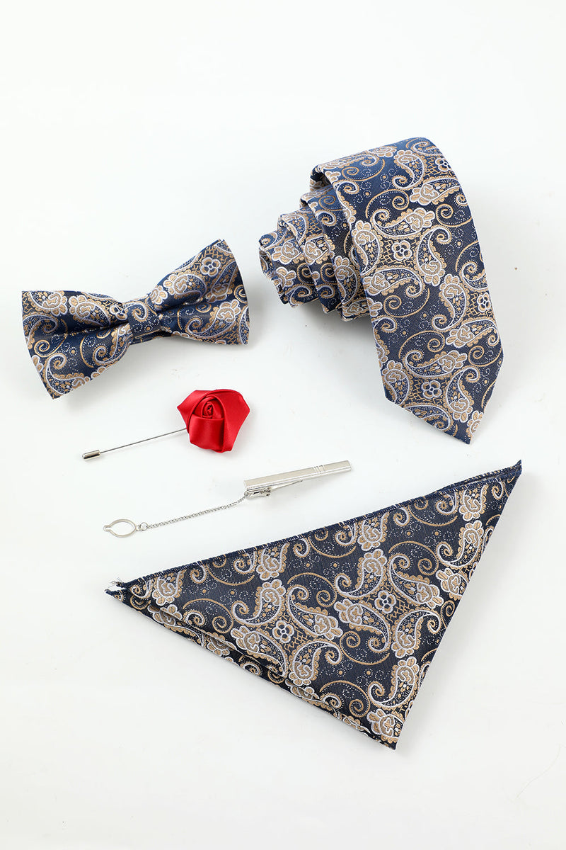 Load image into Gallery viewer, marine menns jacquard 5-delt tilbehør sett slips og sløyfe lomme firkantet blomst jakkepinne slips klipp