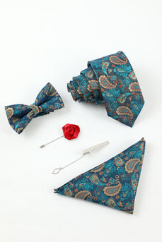 lake blå jacquard menns 5-delt tilbehør sett slips og sløyfe lomme firkantet blomst jakkepinne slips klipp