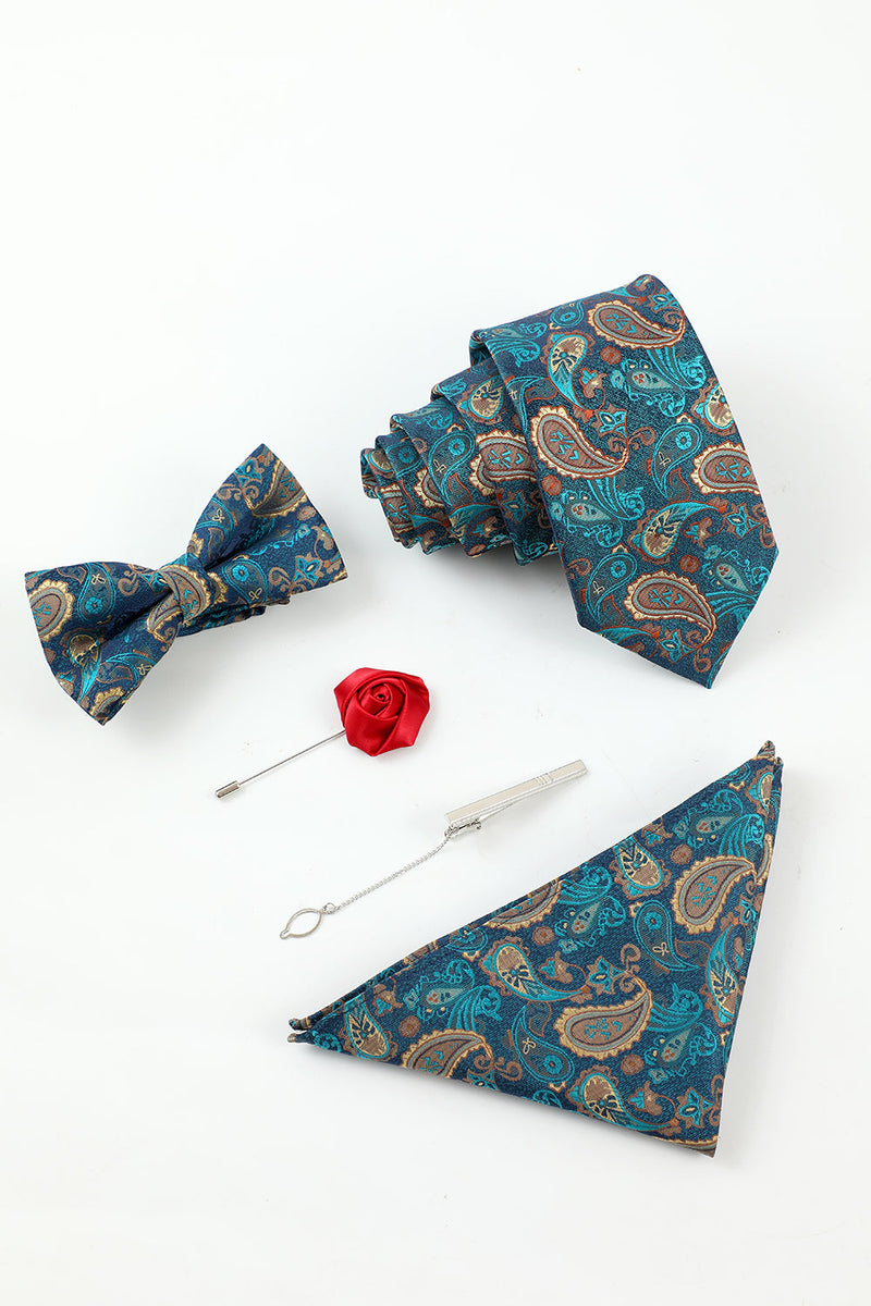 Load image into Gallery viewer, lake blå jacquard menns 5-delt tilbehør sett slips og sløyfe lomme firkantet blomst jakkepinne slips klipp