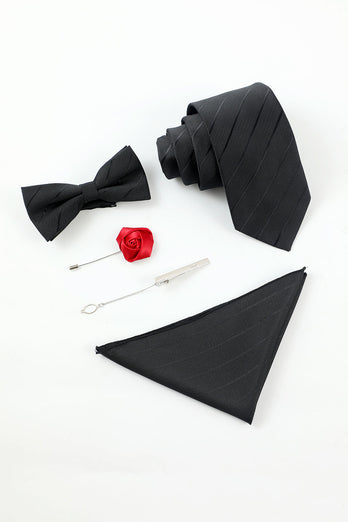 svart stripe menns 5-delt tilbehør sett slips og sløyfe lomme firkantet blomst jakkepinne slips klipp