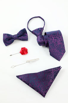 lilla jacquard menns 5-delt tilbehør sett slips og sløyfe lomme firkantet blomst jakkepinne slips klipp