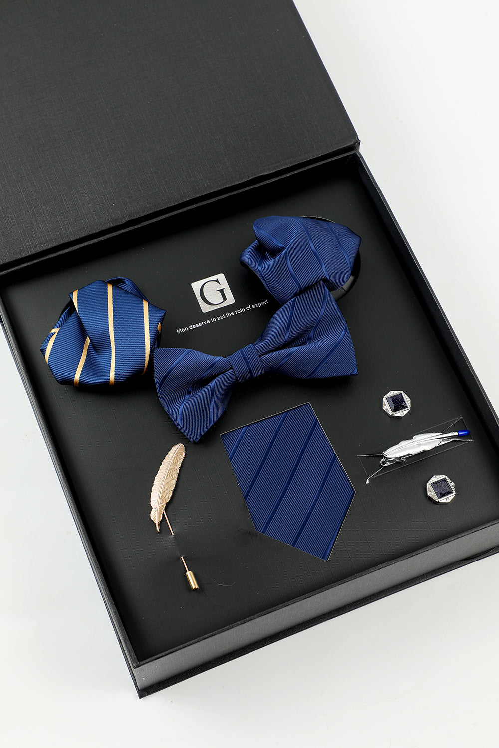 royal blå menns tilbehør sett stripe slips og sløyfe to lomme firkantet jakkepinne slips klipp mansjettknapper
