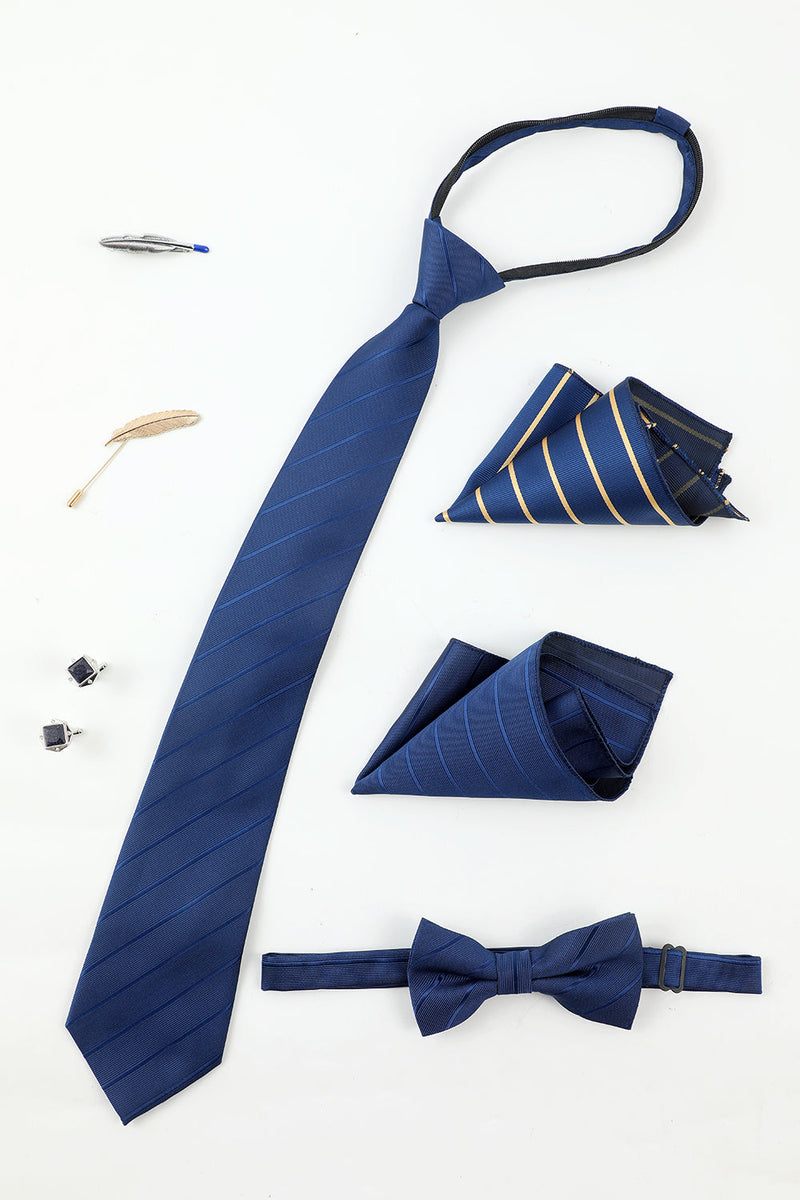 Load image into Gallery viewer, royal blå menns tilbehør sett stripe slips og sløyfe to lomme firkantet jakkepinne slips klipp mansjettknapper