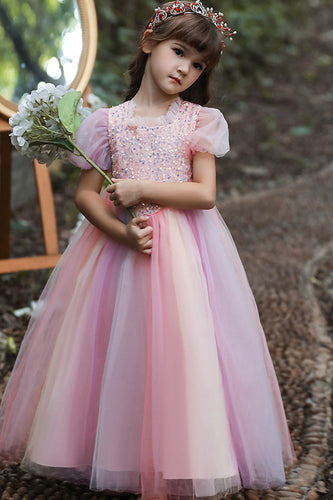 A-Line Tyllrosa Flower Girl kjole med paljetter