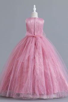 A-Line Tylle Blush Flower Girl kjole med Bowknot