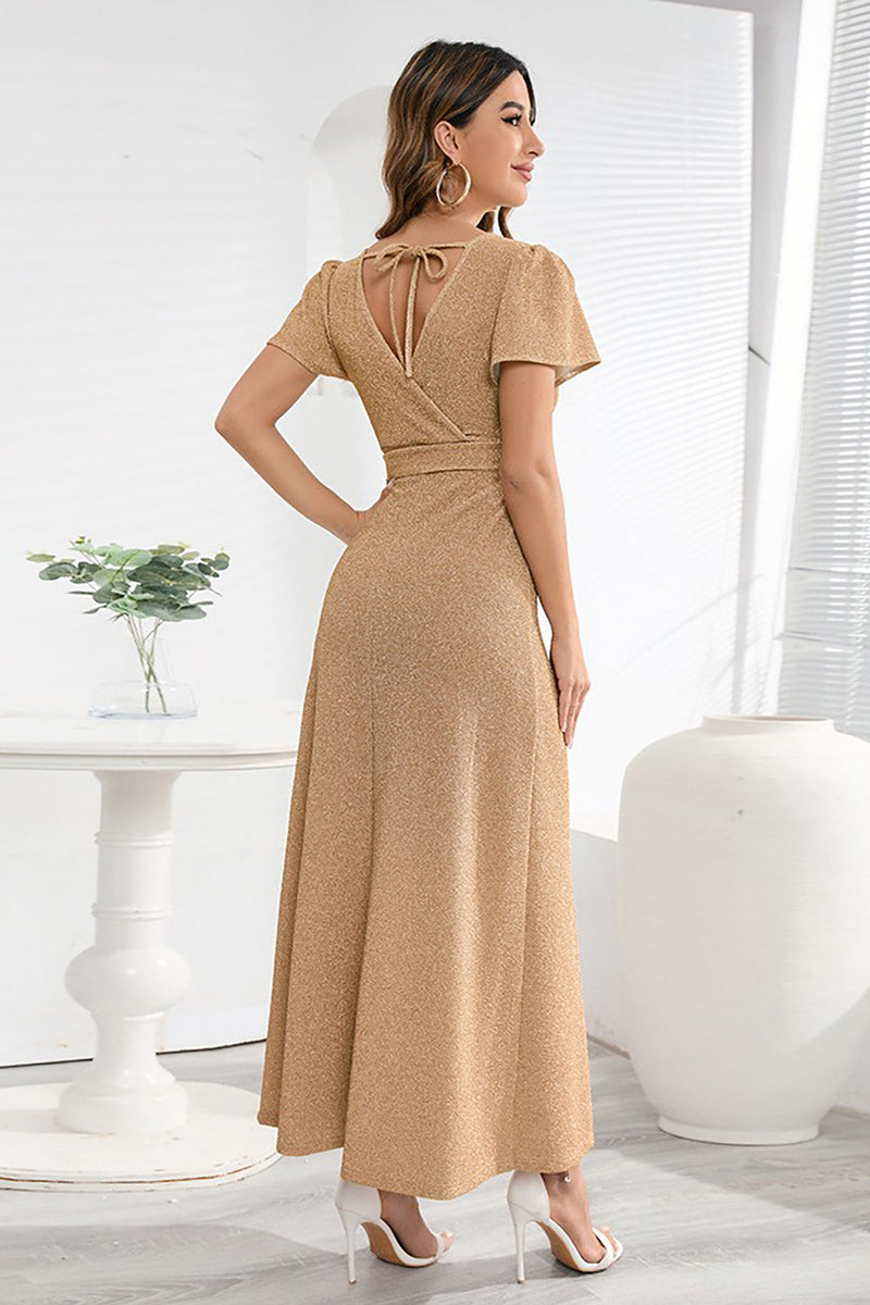 Load image into Gallery viewer, En linje V Neck Gold Long Wedding Guest Party kjole med belte