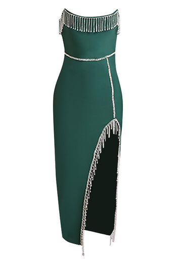 Mørkegrønn stroppeløs semiformell kjole med spalt