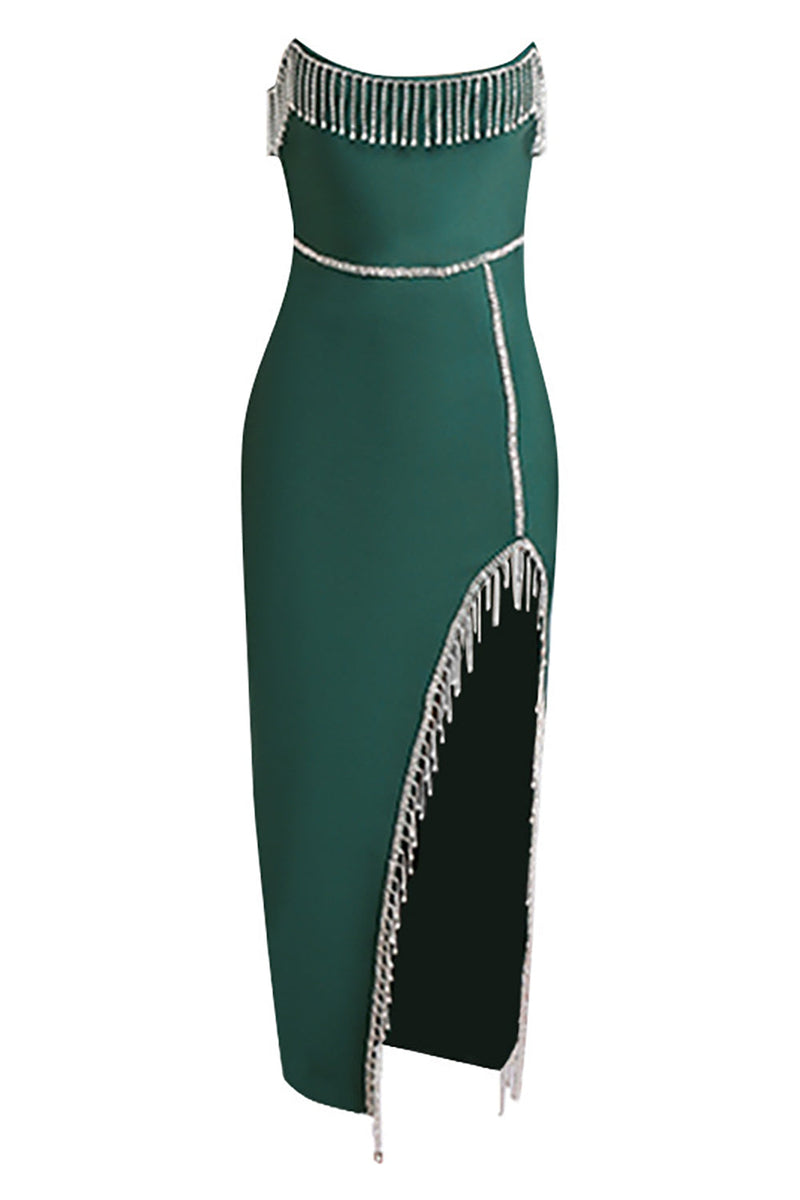 Load image into Gallery viewer, Mørkegrønn stroppeløs semiformell kjole med spalt