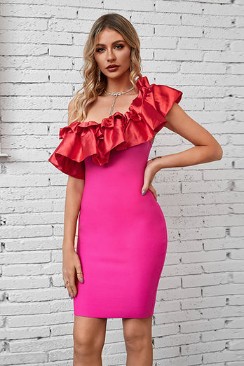 Hot Pink One Shoulder Cocktail Dress med Ruffles