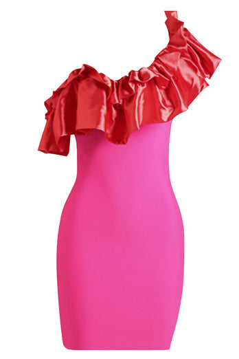 Hot Pink One Shoulder Cocktail Dress med Ruffles