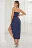 Load image into Gallery viewer, Navy stroppeløs sateng bodycon cocktailkjole med spalte
