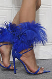 Royal Blue Feather spiss tå stiletto sandaler