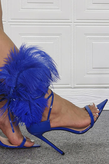 Royal Blue Feather spiss tå stiletto sandaler