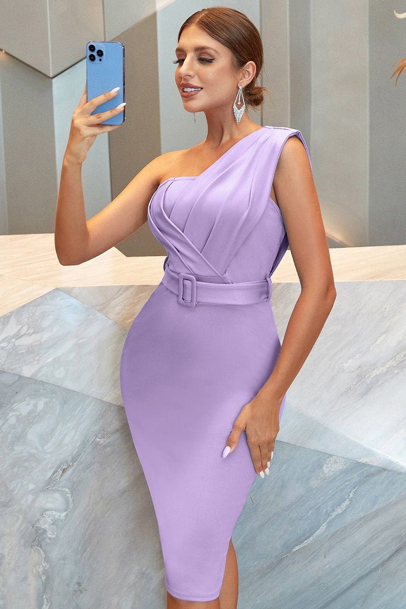 Load image into Gallery viewer, Lilac en skulder ruched bodycon cocktail kjole med belte