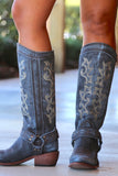 Blå brodert Cowgirl Boho Mid Calf Boots