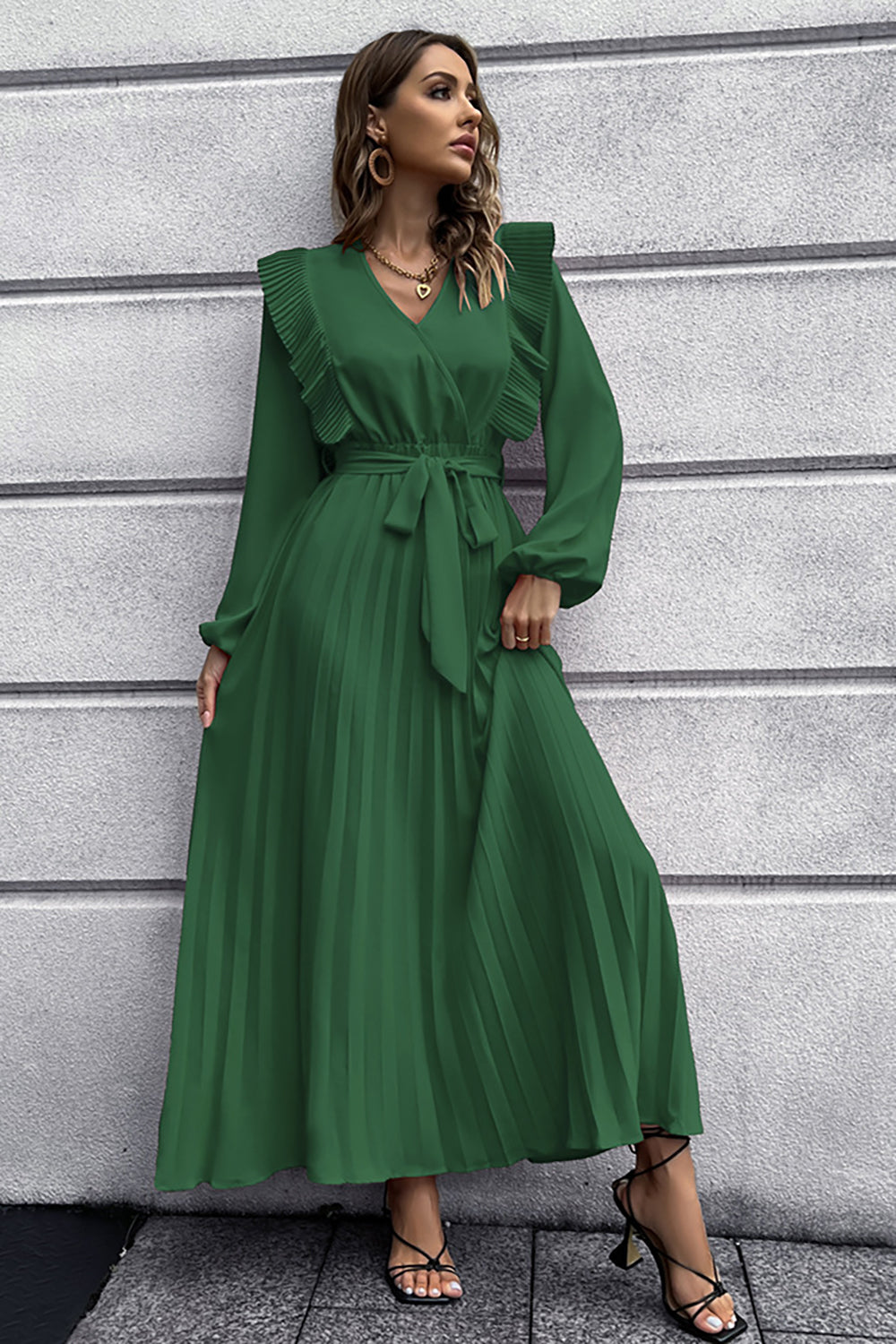 A-Line lange ermer mørkegrønn casual kjole med volanger