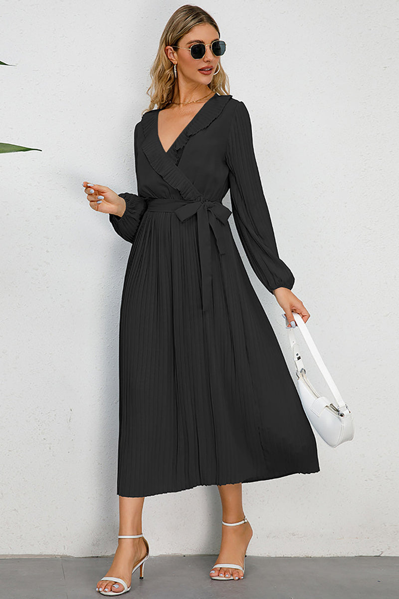Load image into Gallery viewer, Lange ermer svart casual kjole med volanger
