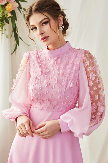 A-Line lange ermer Candy Pink formell kjole med 3D-blomster