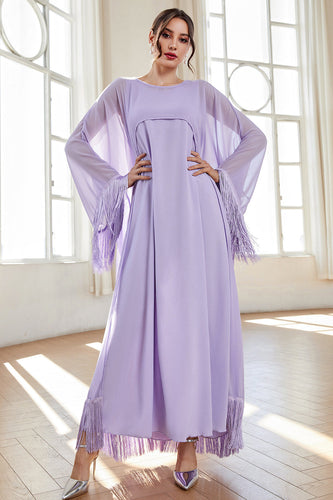 Båthalsfrynser Lilac formell kjole med kappe