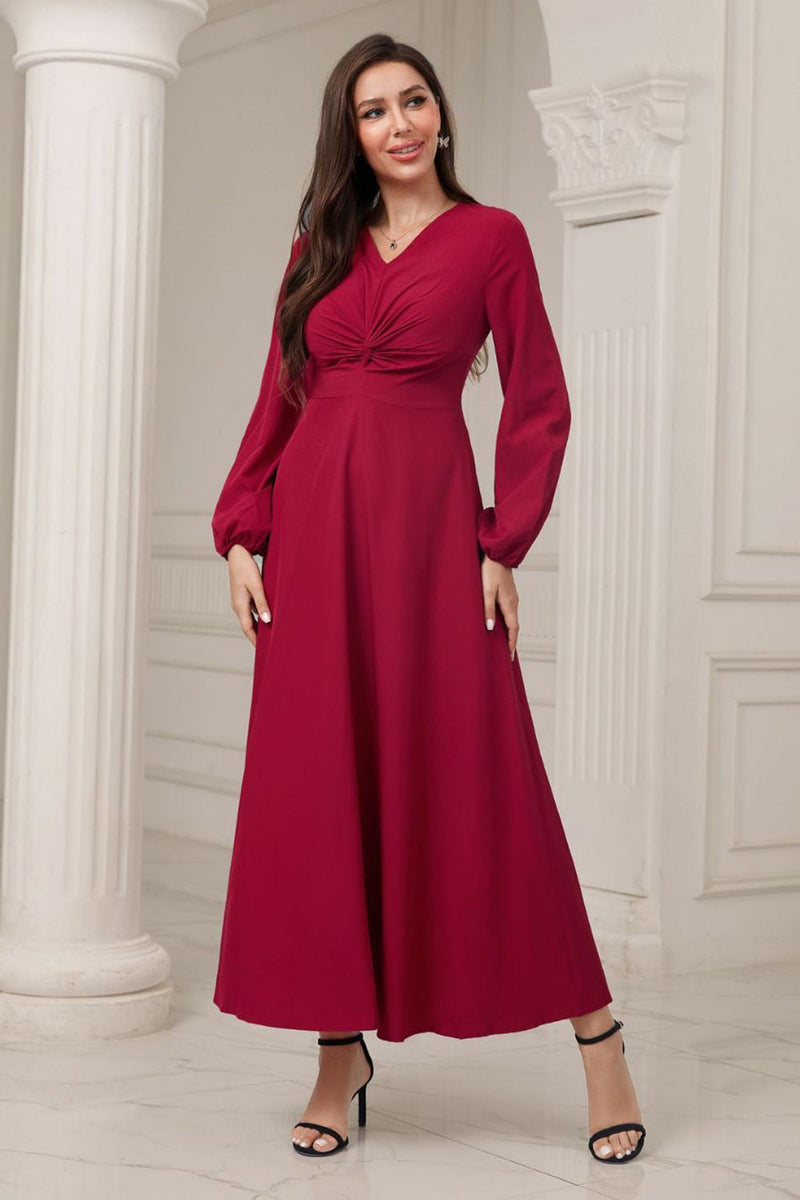 Load image into Gallery viewer, A-Line V-hals burgunder formell kjole med lange ermer