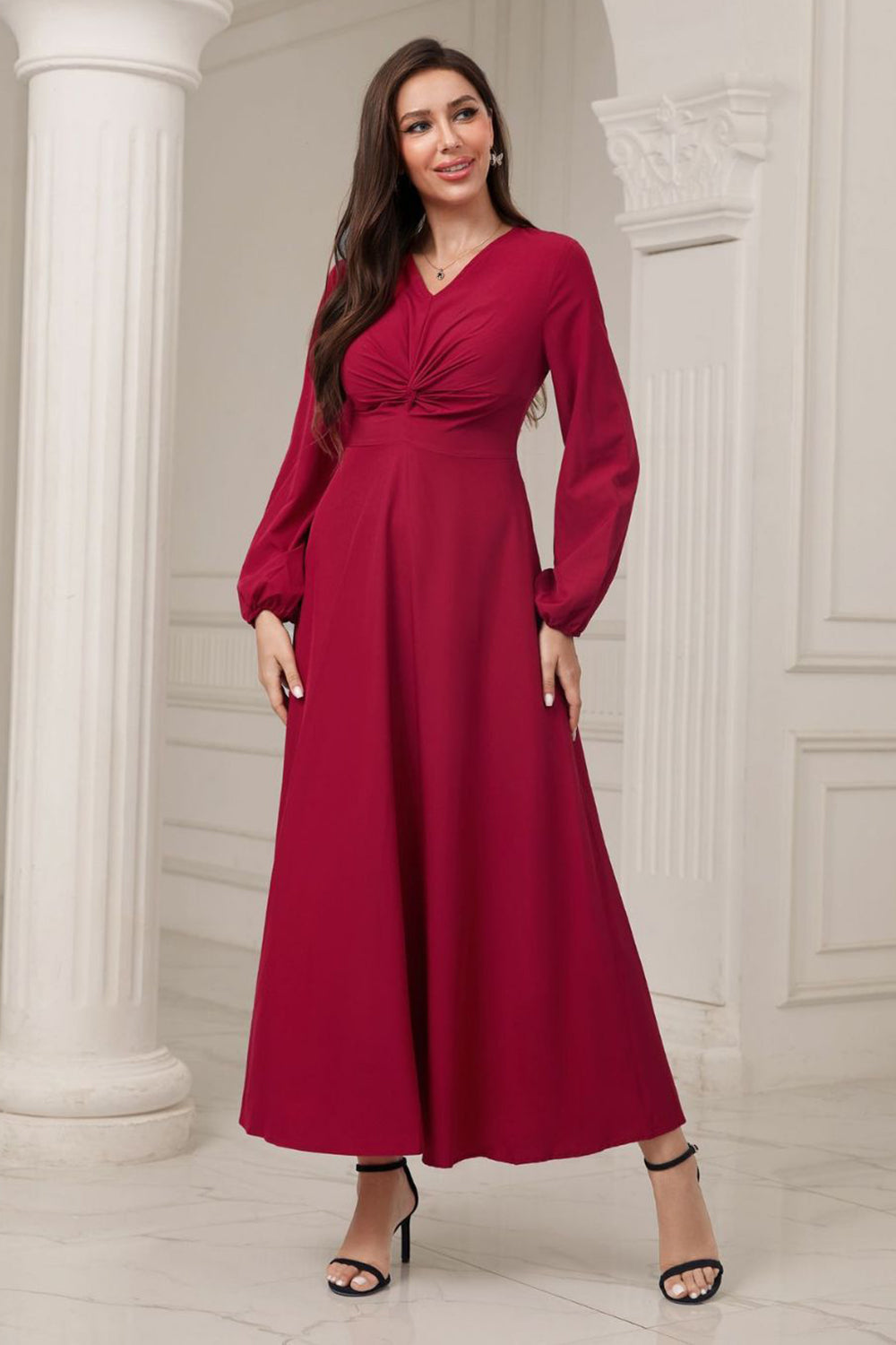 A-Line V-hals burgunder formell kjole med lange ermer