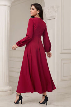 A-Line V-hals burgunder formell kjole med lange ermer