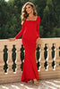 Load image into Gallery viewer, Firkantet hals rødt korsett formell kjole med lange ermer