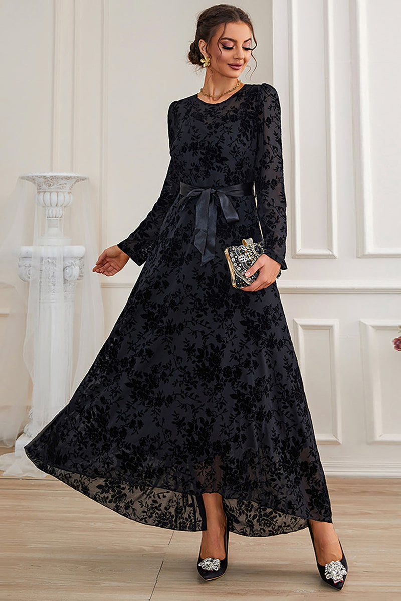 Load image into Gallery viewer, A-Line lange ermer blonder svart formell kjole med sash