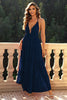 Load image into Gallery viewer, Dyp V-hals ryggløs marineblå formell kjole