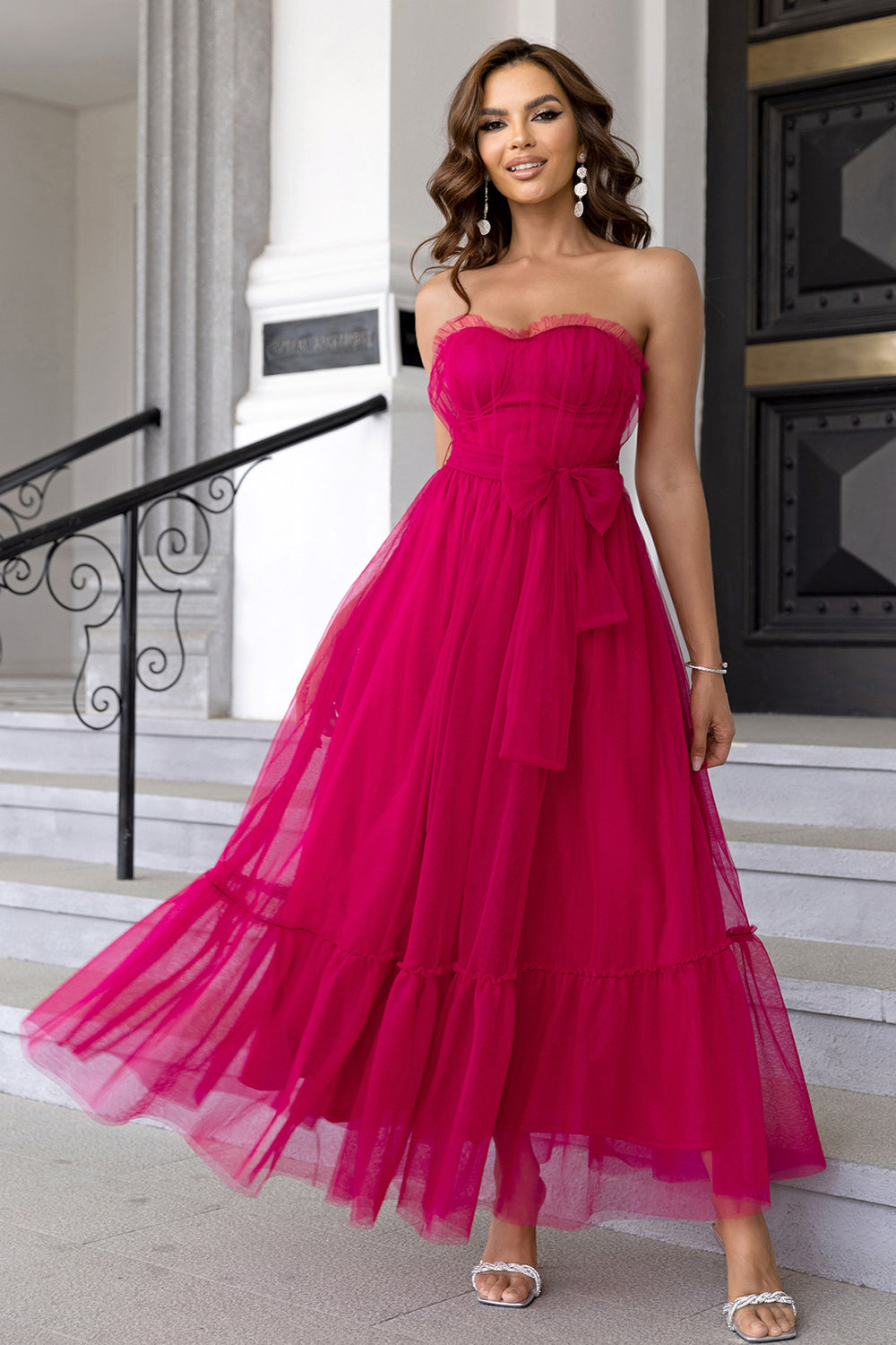 Tulle Sweetheart Hot Pink formell kjole med sløyfe