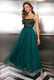 Sparkly Tulle Lace-Up Back Pine formell kjole med paljetter