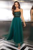 Sparkly Tulle Lace-Up Back Pine formell kjole med paljetter