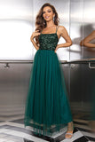 Sparkly Tulle Lace-Up Back Pine formell kjole med paljetter