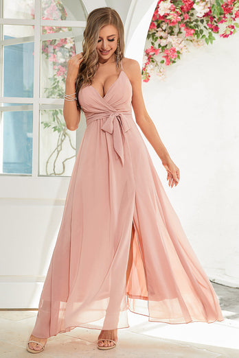Chiffon A-Line Blush Pink Long formell kjole med spalte