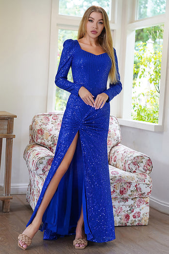 Sparkly Long Sleeves paljetter Royal Blue Evening Party Dress med Slit