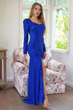 Sparkly Long Sleeves paljetter Royal Blue Evening Party Dress med Slit