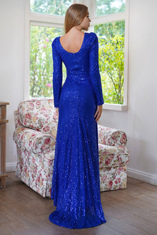 Sparkly Long Sleeves paljetter Royal Blue Evening Party Dress med Slit
