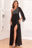 Sparkly One Shoulder Black formell kjole med paljetter