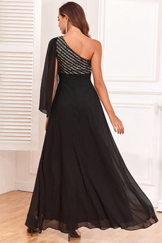 Sparkly One Shoulder Black formell kjole med paljetter