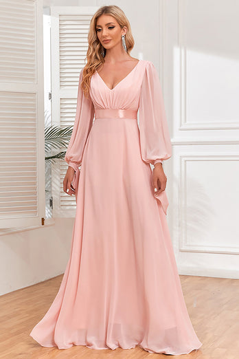 Chiffon V-Neck Blush formell kjole med lange ermer