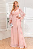 Chiffon V-Neck Blush formell kjole med lange ermer