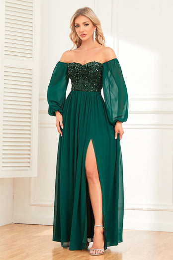 Sparkly Sweetheart Lange ermer Pine formell kjole med paljetter
