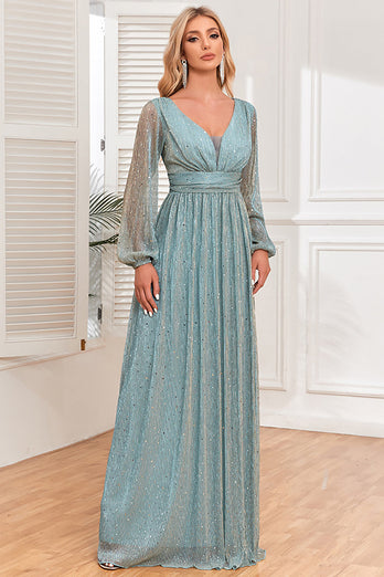 A-Line paljetter blå formell kjole med lange ermer