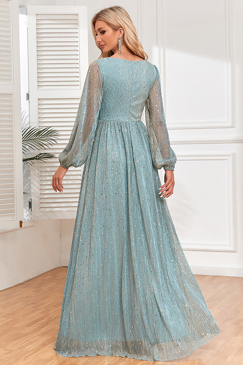 Load image into Gallery viewer, A-Line paljetter blå formell kjole med lange ermer