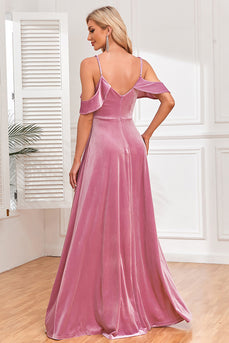 Velvet Cold Shoulder Dusty Rose Formell kjole med spalte