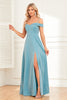 Load image into Gallery viewer, A-Line Cold Shoulder Blue formell kjole med spalte