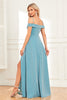 Load image into Gallery viewer, A-Line Cold Shoulder Blue formell kjole med spalte